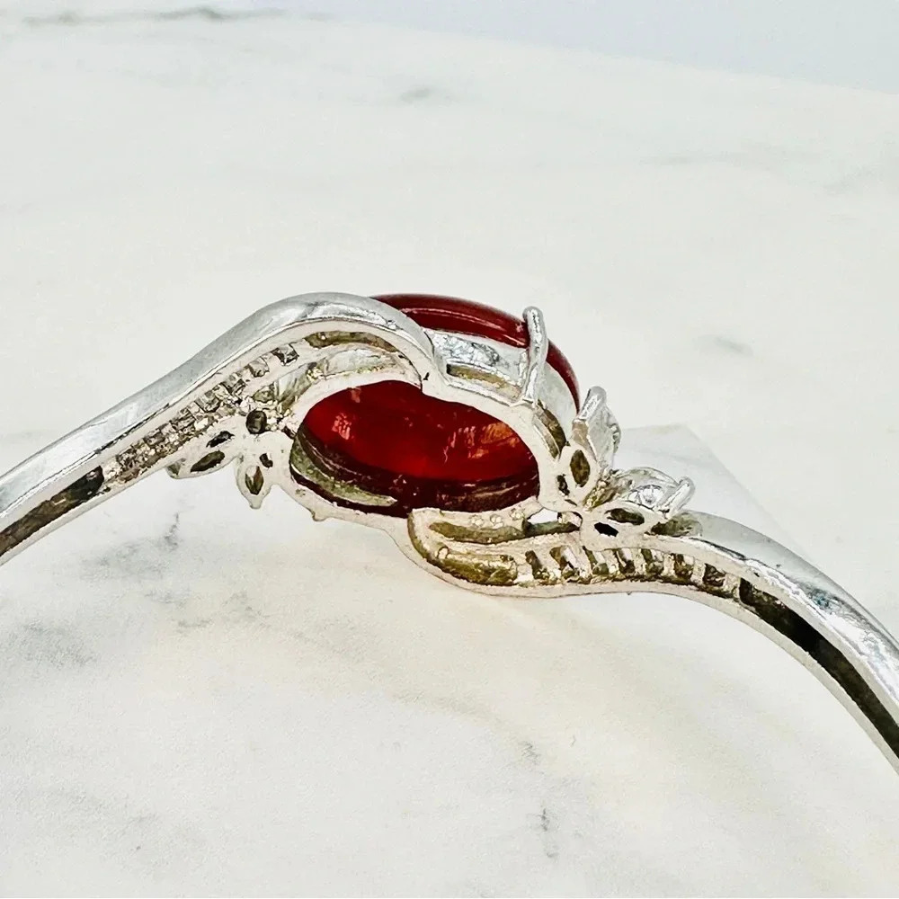 Burgundy Cabochon Glass Bracelet Baguette Rhinestone Silver Tone Hinged … - Picture 7 of 10